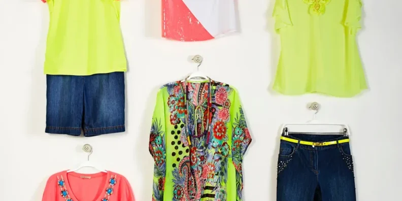 Six colorful women's outfits including tops, shorts, a kaftan, and jeans are displayed on hangers against a plain white background.