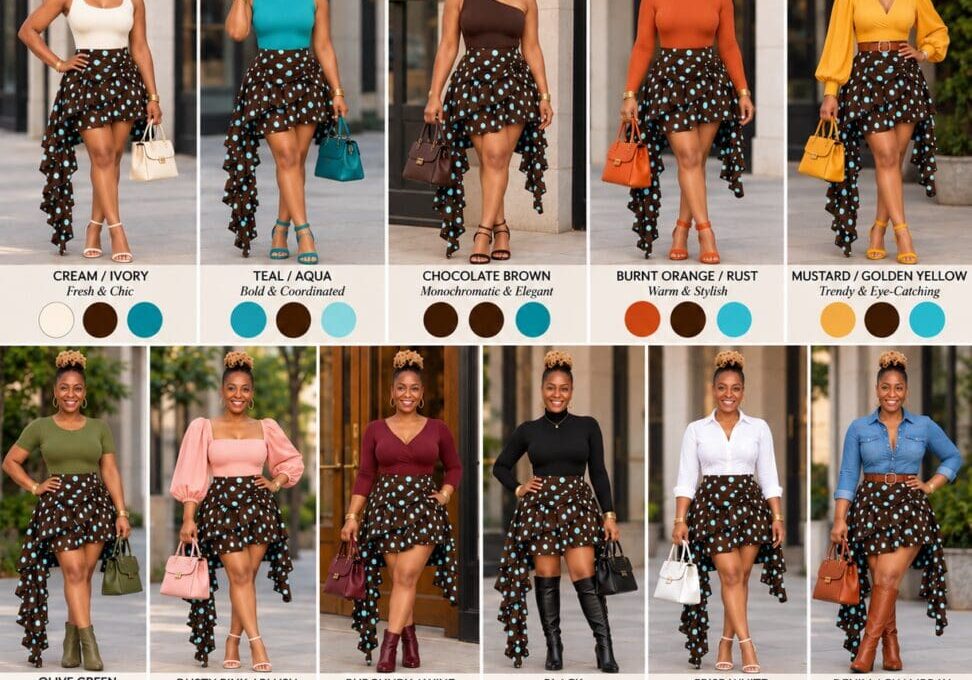 A style guide showing twelve outfit combinations featuring the same brown and teal polka dot high-low skirt paired with various tops, bags, and shoes.