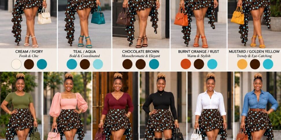 A style guide showing twelve outfit combinations featuring the same brown and teal polka dot high-low skirt paired with various tops, bags, and shoes.