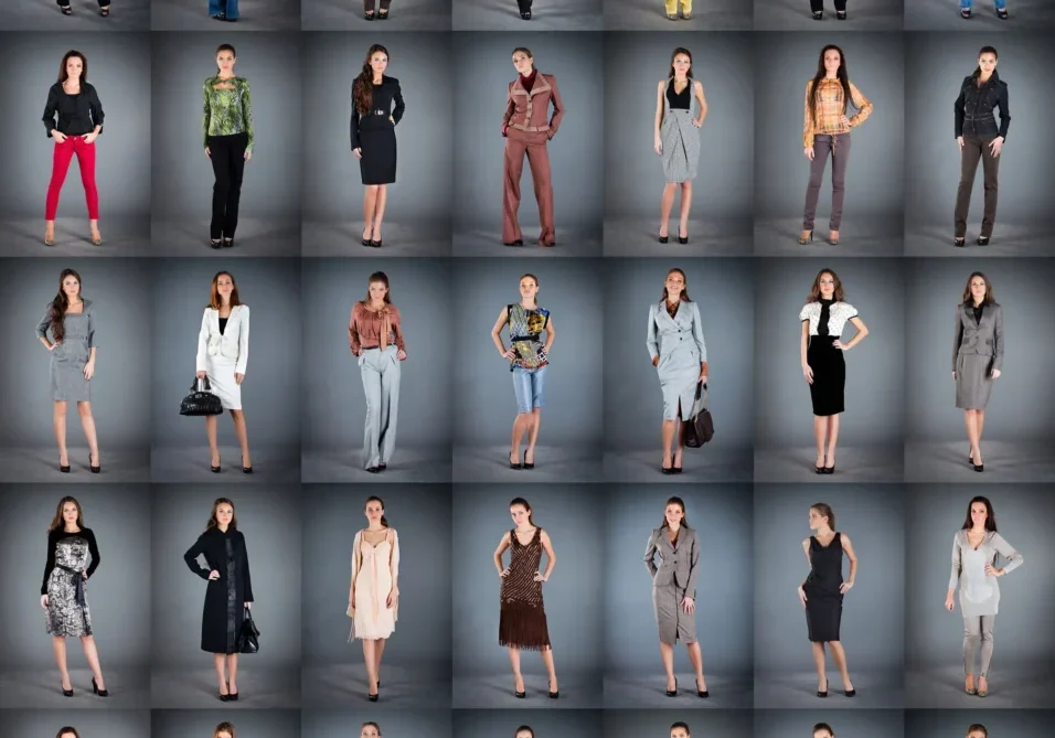 A grid of 30 women each wearing a different fashionable outfit, posing against a plain gray background.