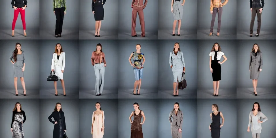 A grid of 30 women each wearing a different fashionable outfit, posing against a plain gray background.
