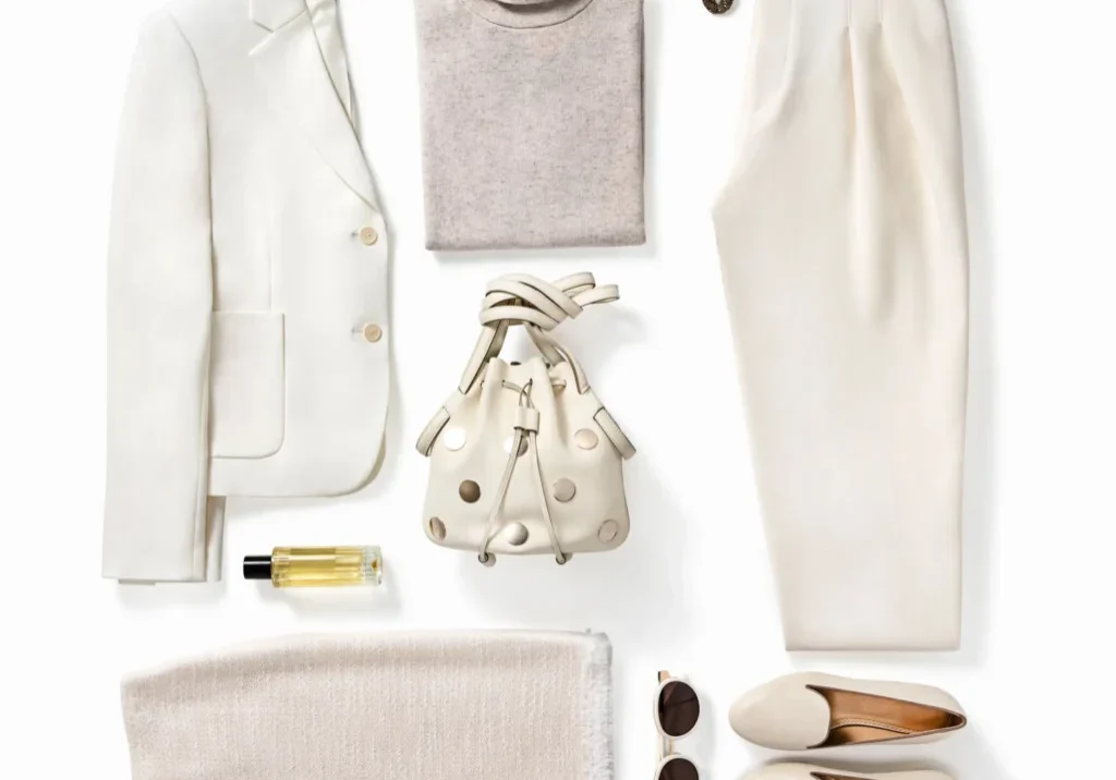 A flat lay of cream and beige clothing and accessories, including a blazer, turtleneck, trousers, skirt, purse, shoes, sunglasses, earrings, and a perfume bottle.