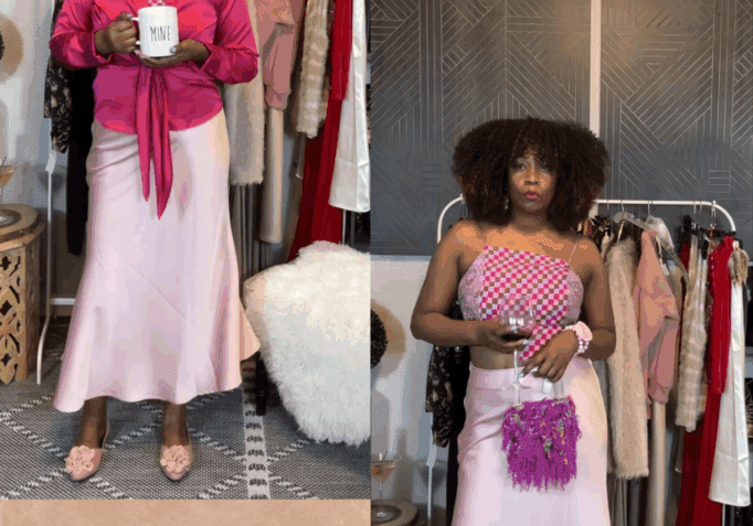 Side-by-side images of a woman demonstrating a day-to-night outfit transition with a pink blouse for day and a strapless top with accessories for night, using the same pink skirt.