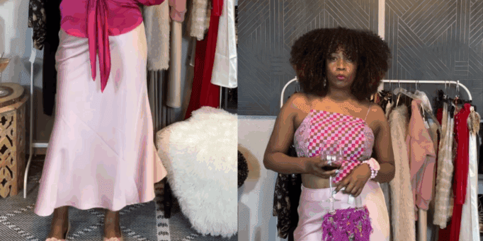 Side-by-side images of a woman demonstrating a day-to-night outfit transition with a pink blouse for day and a strapless top with accessories for night, using the same pink skirt.