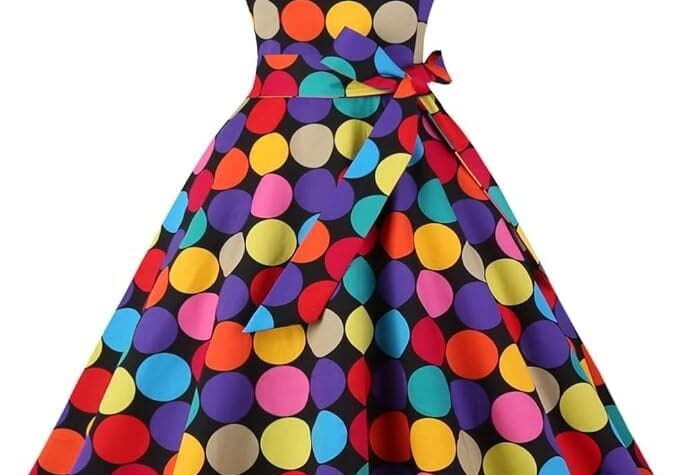 A knee-length, short-sleeved dress with a flared skirt, featuring a colorful polka dot pattern and a matching waist tie.