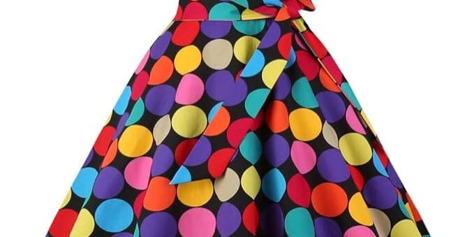 A knee-length, short-sleeved dress with a flared skirt, featuring a colorful polka dot pattern and a matching waist tie.