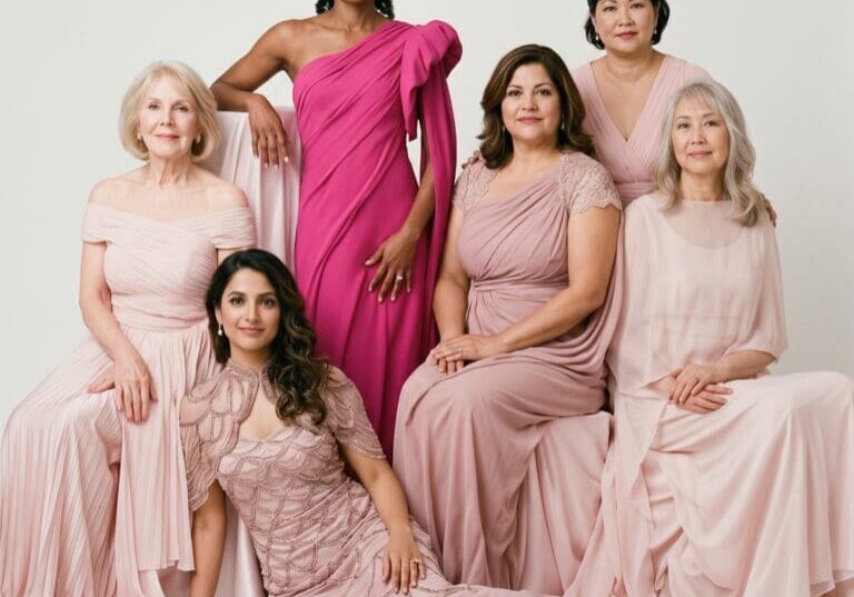 Six women in elegant formal gowns pose together against a plain white background.