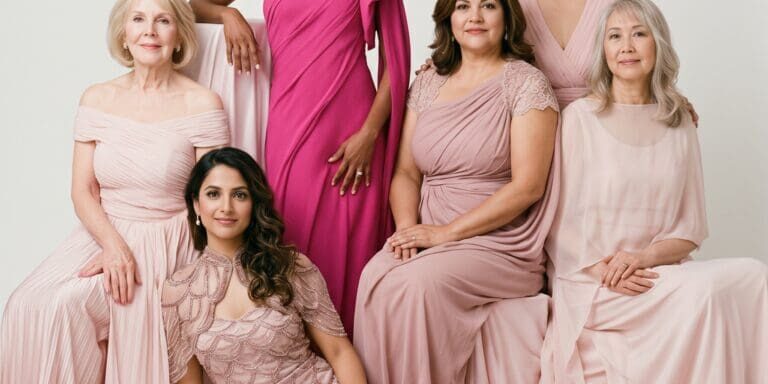 Six women in elegant formal gowns pose together against a plain white background.