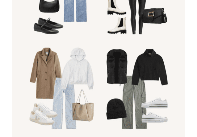 Collage of winter to spring outfit ideas featuring various clothing items like sweaters, jackets, coats, jeans, trousers, skirts, boots, sneakers, and accessories in neutral tones.
