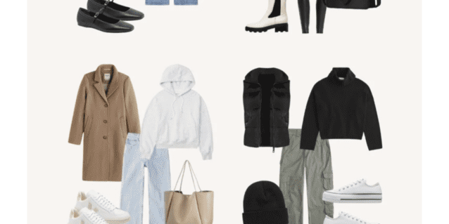 Collage of winter to spring outfit ideas featuring various clothing items like sweaters, jackets, coats, jeans, trousers, skirts, boots, sneakers, and accessories in neutral tones.