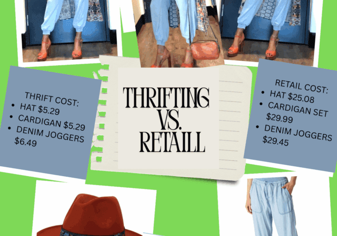 A woman models an outfit with a rust hat, orange top, patterned cardigan, blue joggers, and brown shoes; thrift and retail costs are compared in text.