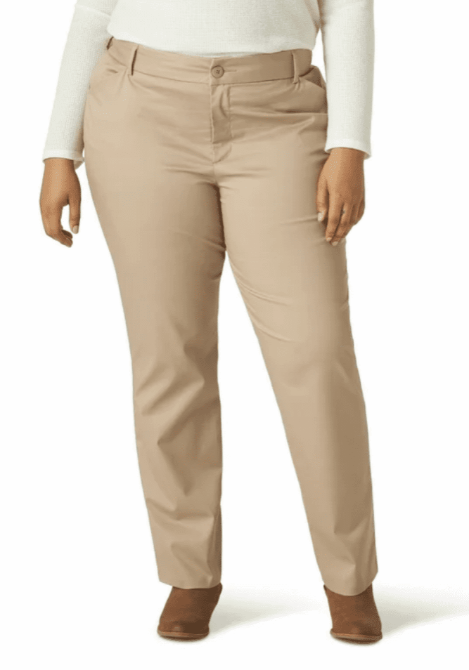 A person wearing 6 Button Pocket Dress Pants in beige, a white long-sleeve top, and brown shoes stands against a plain background.