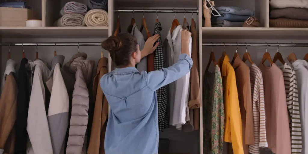 A woman stands in front of an organized closet, reaching for a shirt among neatly hung clothes and folded items on shelves.