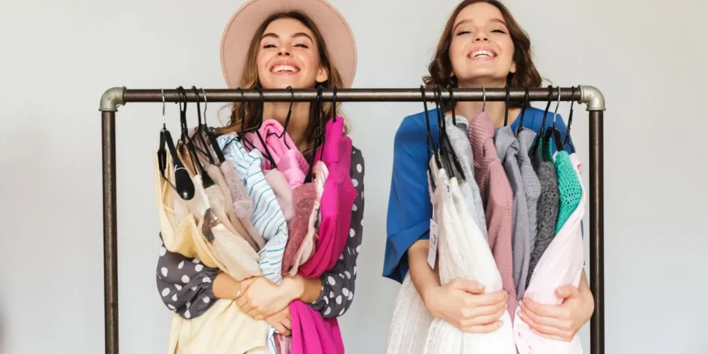 Two women stand behind a clothing rack, smiling and holding various colorful garments draped over hangers.