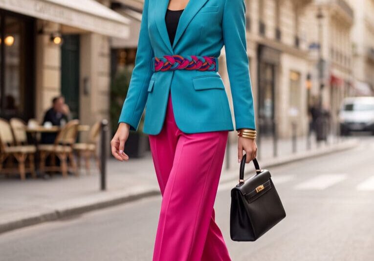 Woman in a teal blazer and pink pants walks down a city street, holding a black handbag. Outdoor café seating and classic buildings are in the background.