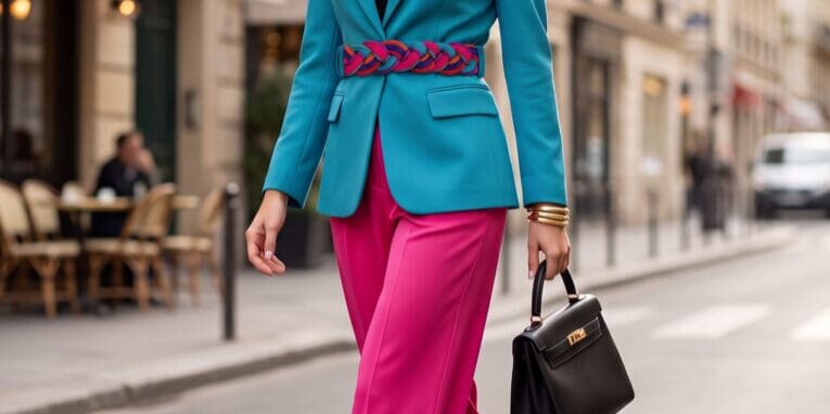 Woman in a teal blazer and pink pants walks down a city street, holding a black handbag. Outdoor café seating and classic buildings are in the background.