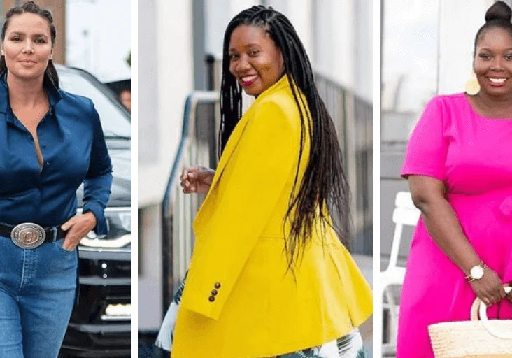 Three women wearing stylish outfits: one in a blue blouse and jeans, one in a yellow blazer, and one in a bright pink dress holding a woven bag.