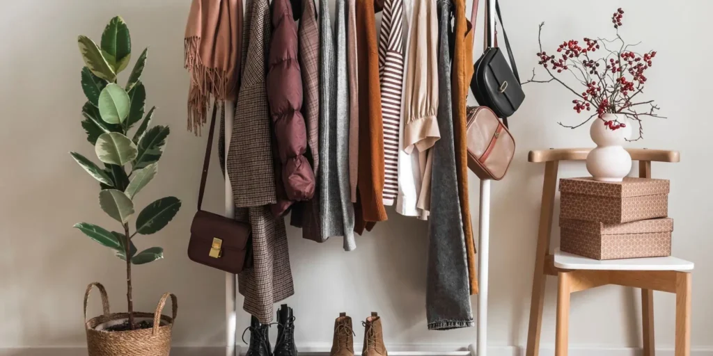 A white clothing rack holds various jackets, tops, and bags. Boots sit below. Nearby are a potted plant, stacked boxes on a chair, and a vase with red berries.